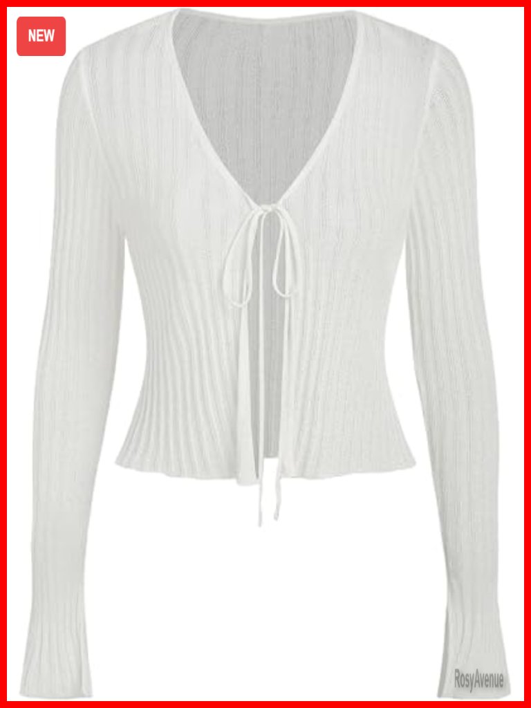 Trendy Bow Tie Front V Neck Long Sleeve Lightweight Knit Cardigan Shrug
